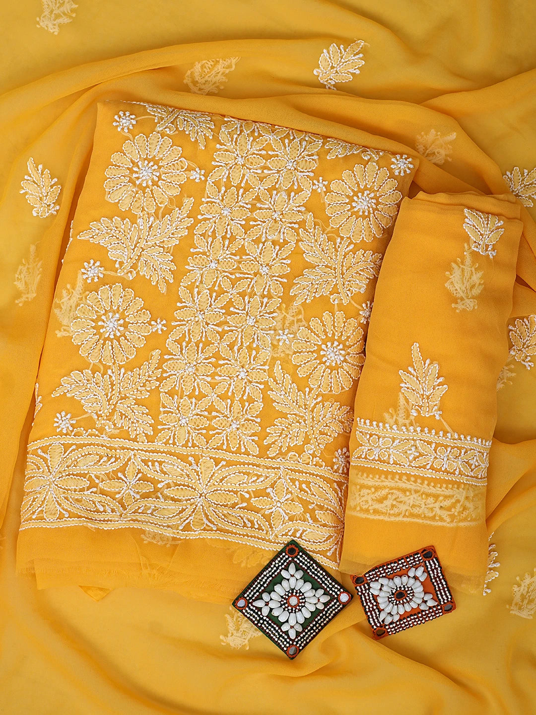 Ada Hand Embroidered Mustard Georgette Lucknowi Chikankari Unstitched Suit Piece 01A843813