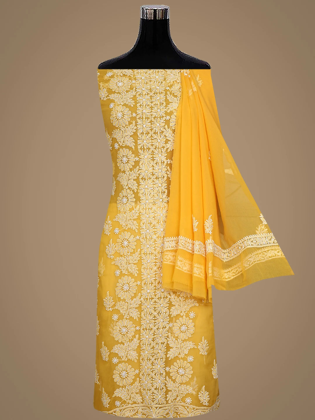 Ada Hand Embroidered Mustard Georgette Lucknowi Chikankari Unstitched Suit Piece 01A843813