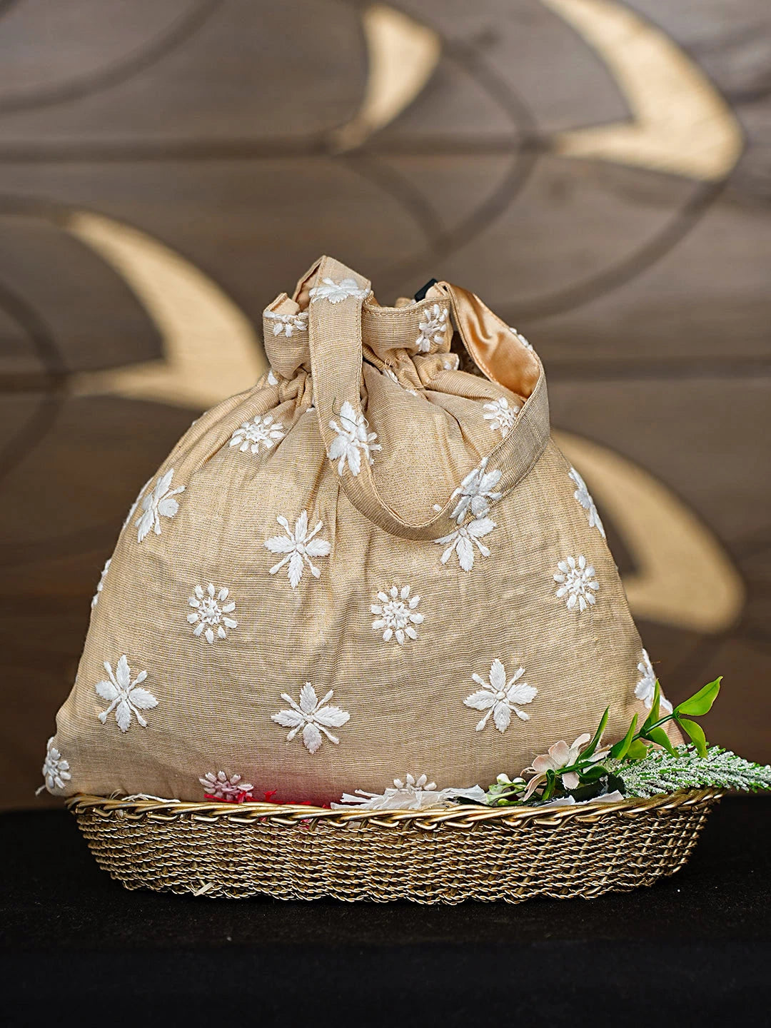 Ada Hand Embroidered Fawn Tissue Lucknowi Chikankari Potli Bag 01A913046