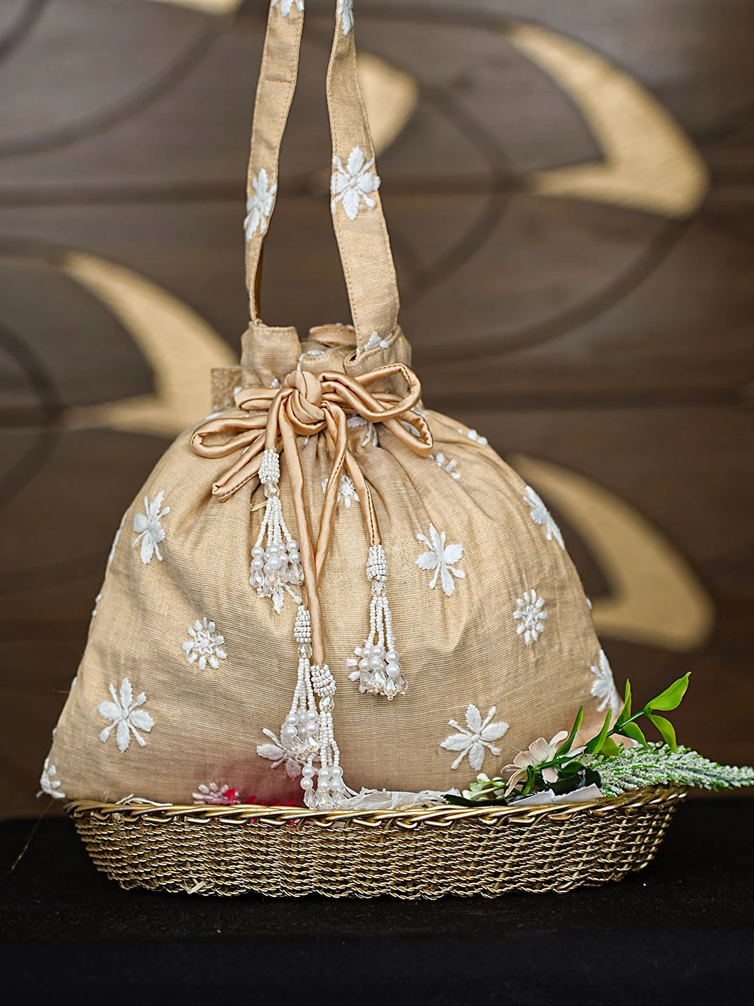 Ada Hand Embroidered Fawn Tissue Lucknowi Chikankari Potli Bag 01A913046