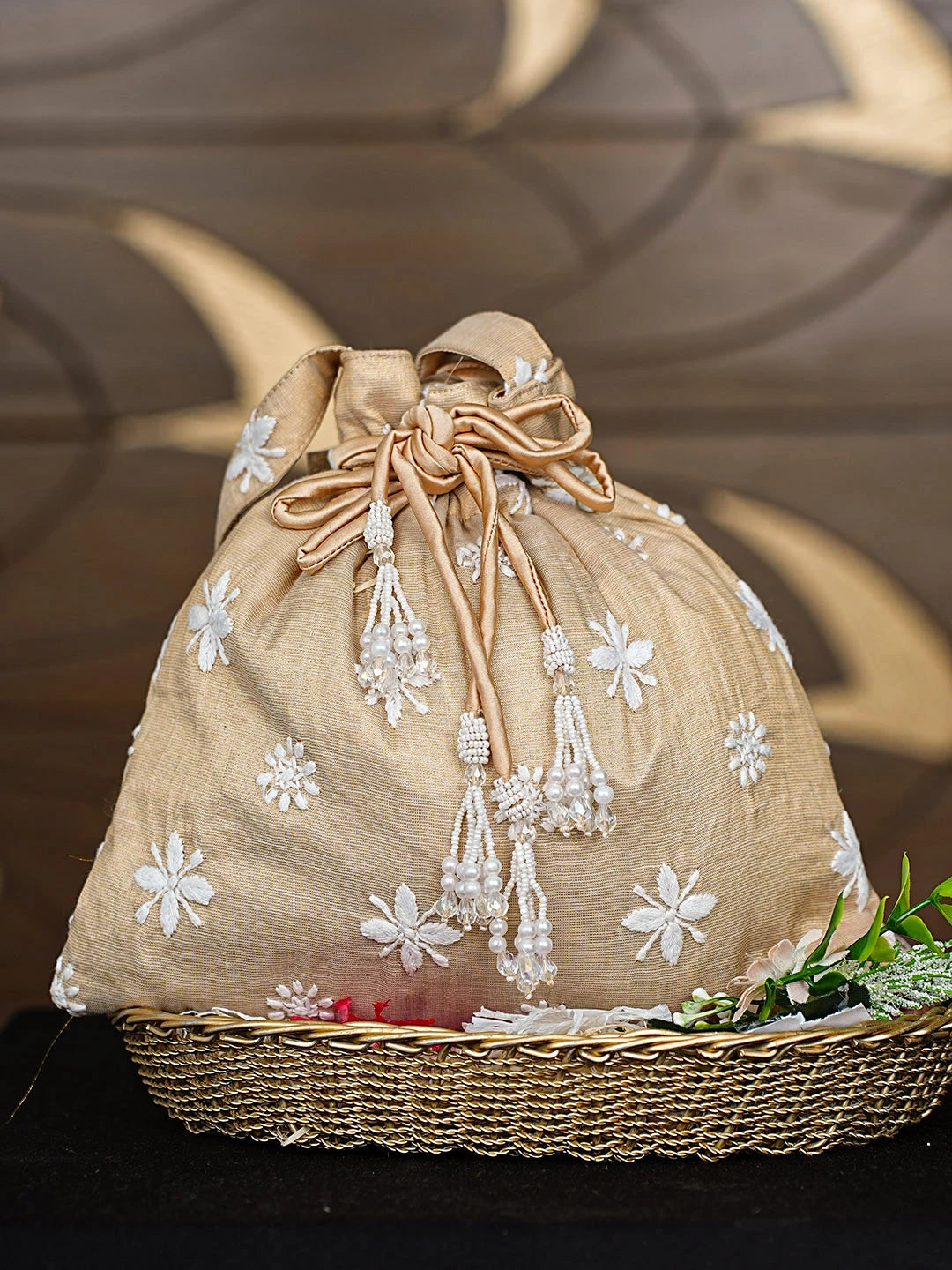 Ada Hand Embroidered Fawn Tissue Lucknowi Chikankari Potli Bag 01A913046