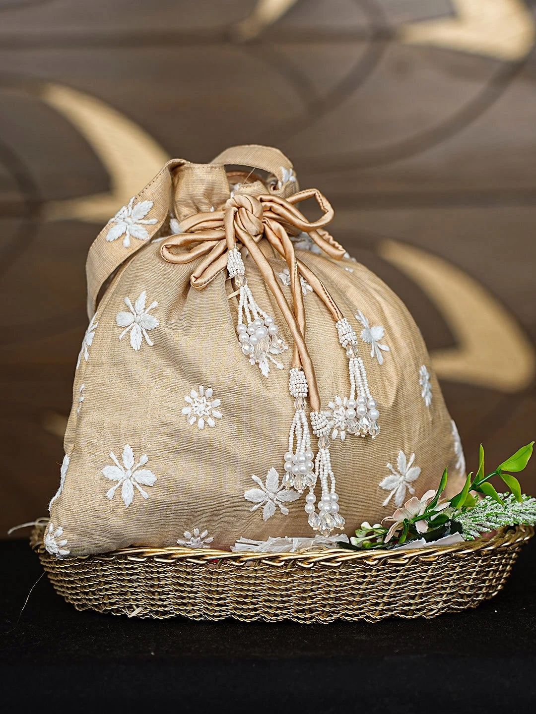 Ada Hand Embroidered Fawn Tissue Lucknowi Chikankari Potli Bag 01A913046