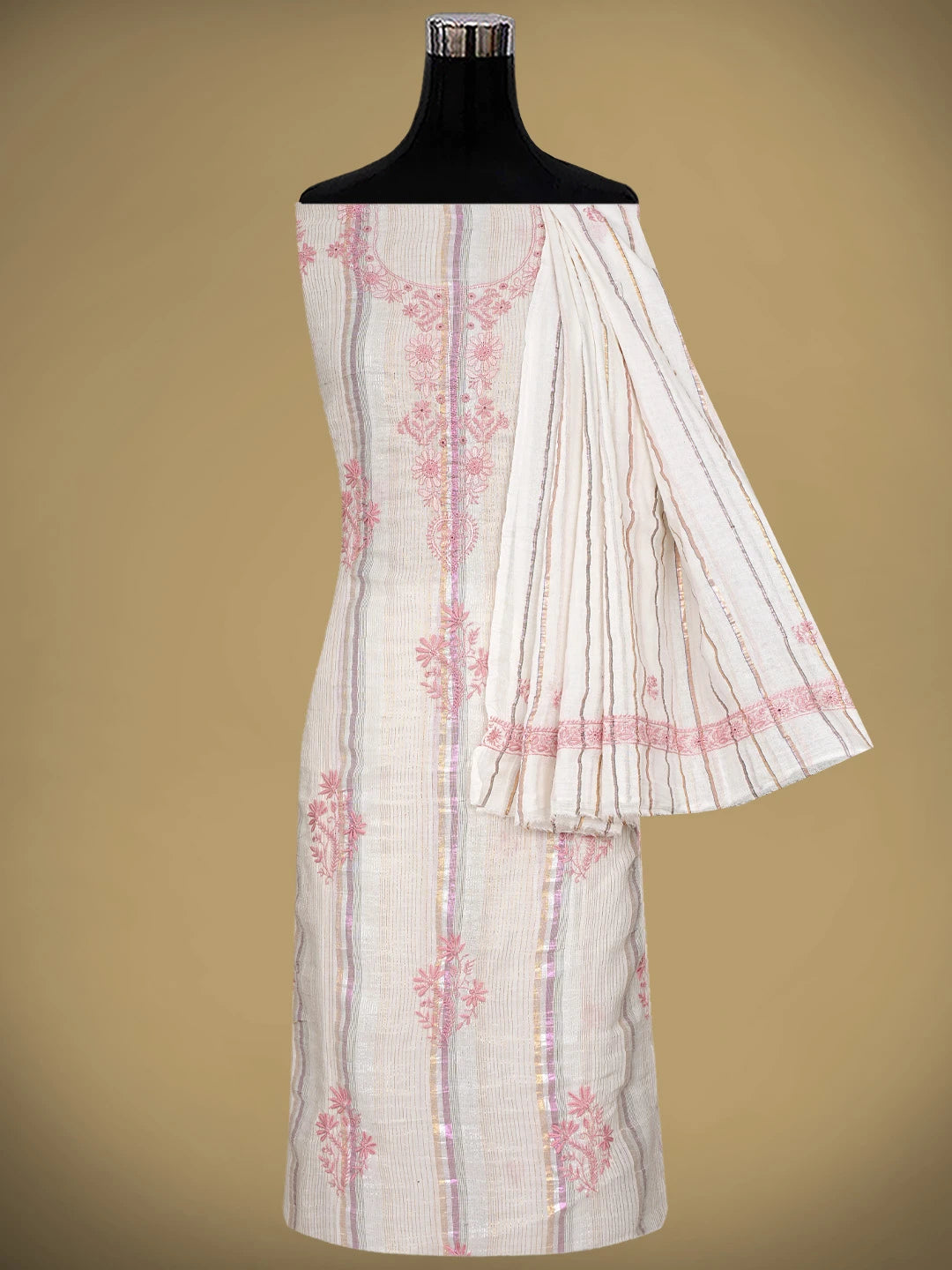 Ada Hand Embroidered Light Fawn Cotton Lucknowi Chikankari Unstitched Kurta Dupatta Set 01A910416