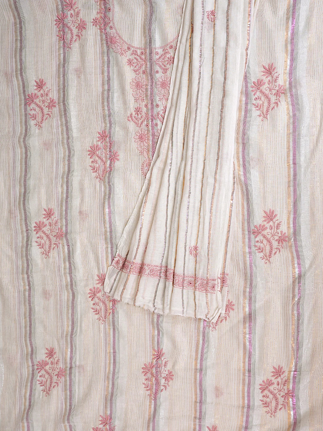 Ada Hand Embroidered Light Fawn Cotton Lucknowi Chikankari Unstitched Kurta Dupatta Set 01A910416