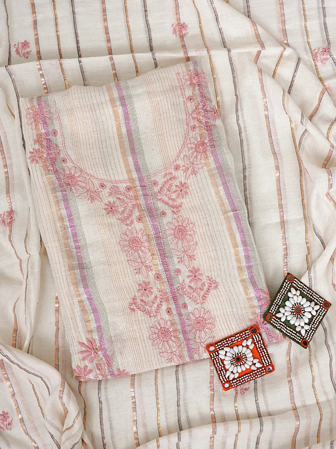 Ada Hand Embroidered Light Fawn Cotton Lucknowi Chikankari Unstitched Kurta Dupatta Set 01A910416