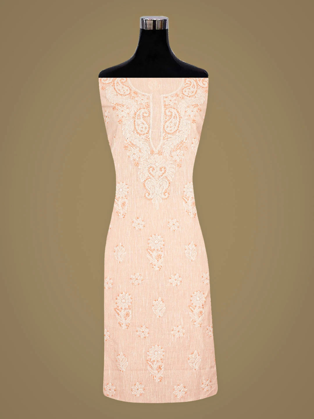 Ada Hand Embroidered Peach Linen Lucknowi Chikankari Unstitched Suit Piece with Chiffon Dupatta 01A885296