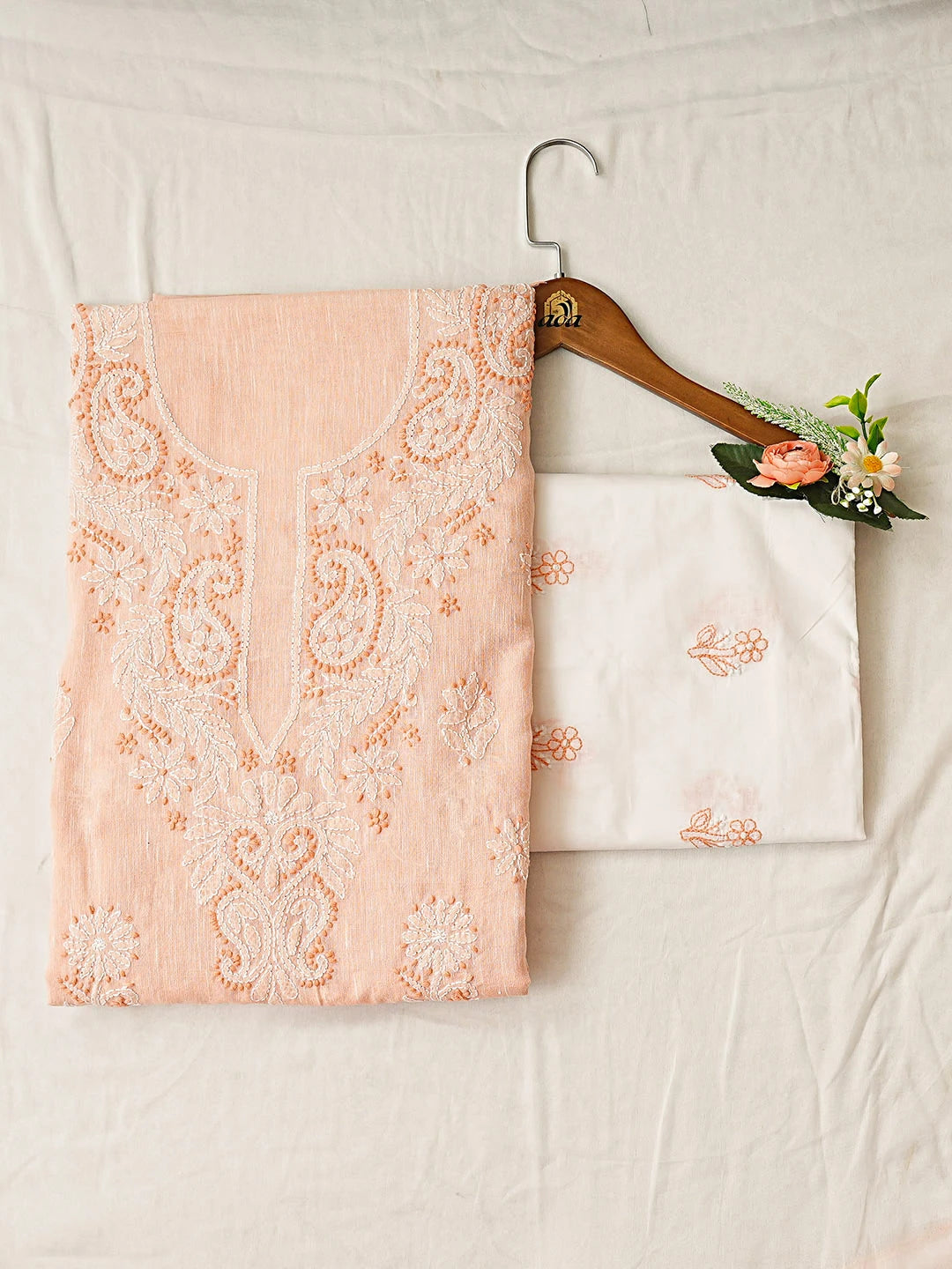 Ada Hand Embroidered Peach Linen Lucknowi Chikankari Unstitched Suit Piece with Chiffon Dupatta 01A885296