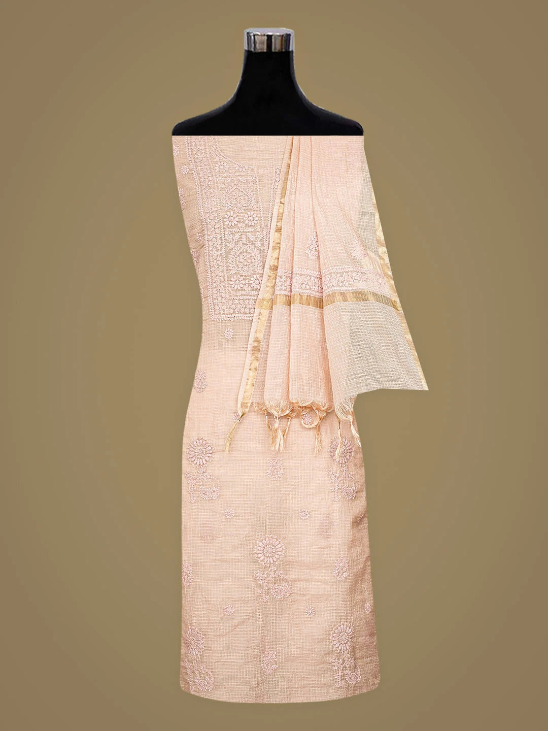 Ada Hand Embroidered Dusty Peach Kota Chanderi Lucknowi Chikankari Unstitched Kurta Dupatta Set 01A890399