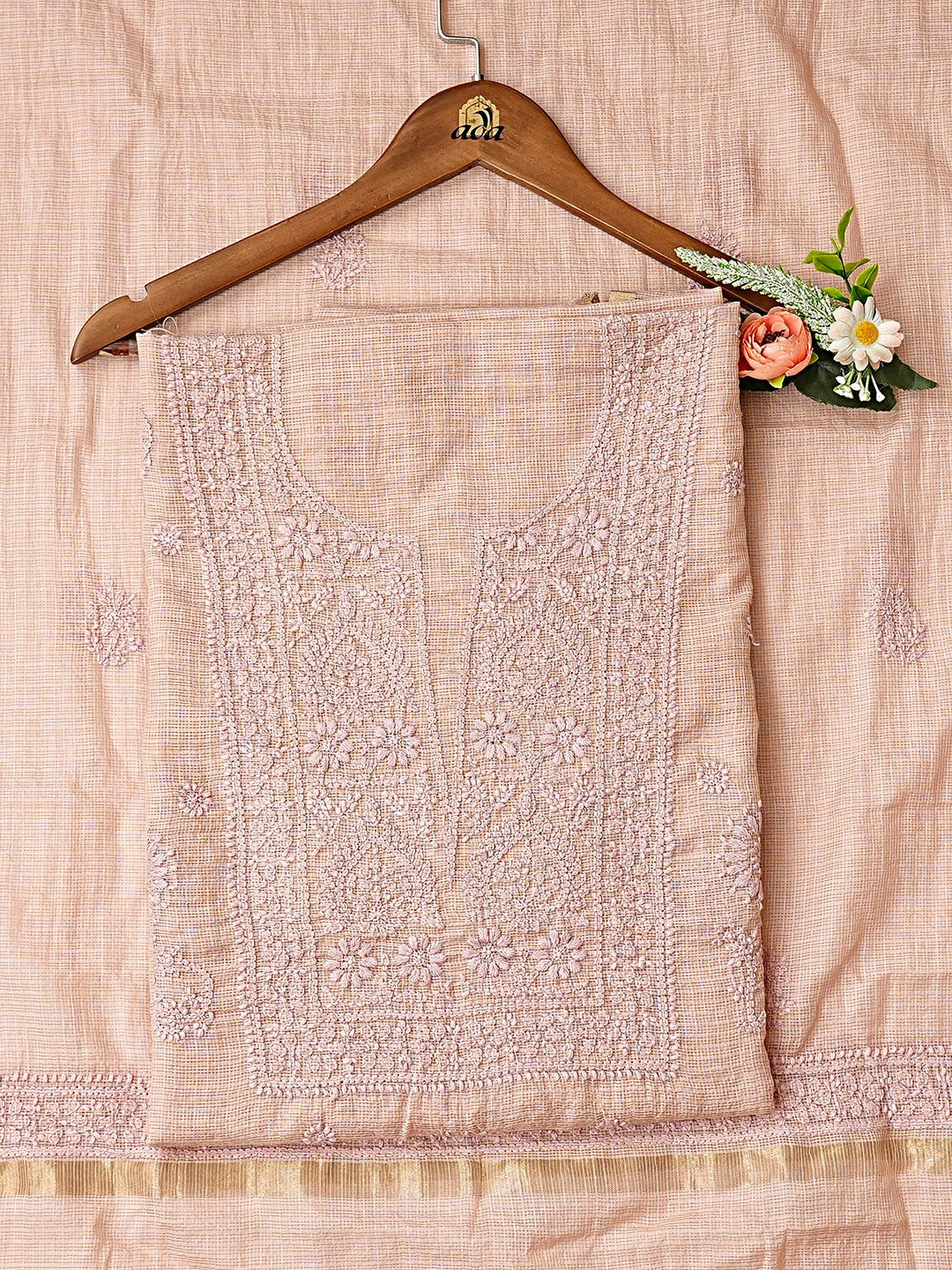 Ada Hand Embroidered Dusty Peach Kota Chanderi Lucknowi Chikankari Unstitched Kurta Dupatta Set 01A890399
