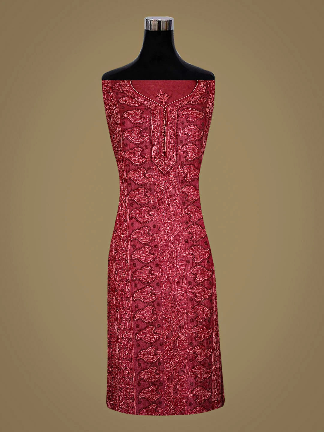 Ada Hand Embroidered Maroon Silk Lucknowi Chikankari Semi-stitched Suit Piece with Muqaish Work 01A913109