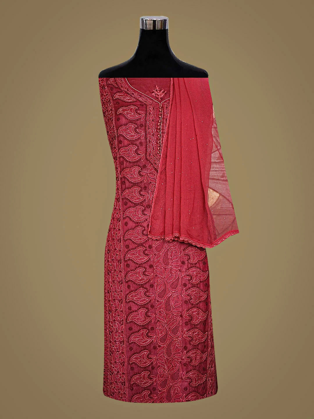 Ada Hand Embroidered Maroon Silk Lucknowi Chikankari Semi-stitched Suit Piece with Muqaish Work 01A913109