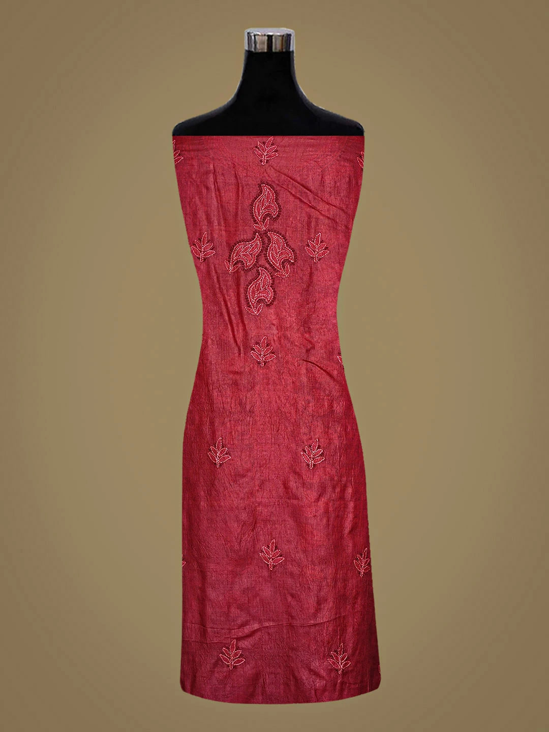 Ada Hand Embroidered Maroon Silk Lucknowi Chikankari Semi-stitched Suit Piece with Muqaish Work 01A913109