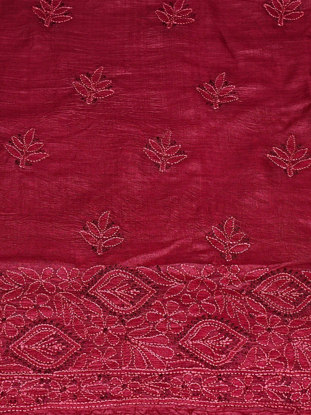 Ada Hand Embroidered Maroon Silk Lucknowi Chikankari Semi-stitched Suit Piece with Muqaish Work 01A913109