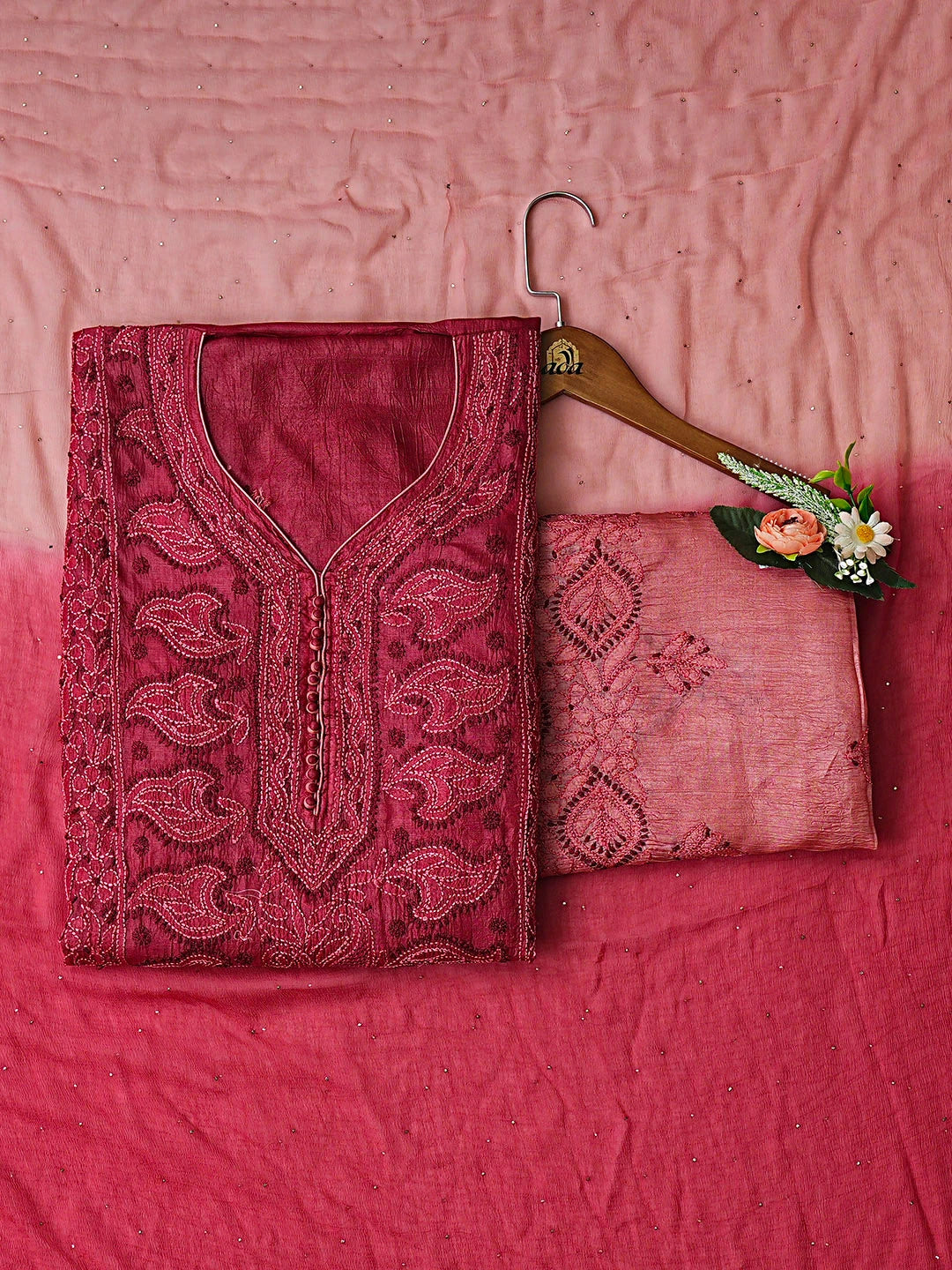 Ada Hand Embroidered Maroon Silk Lucknowi Chikankari Semi-stitched Suit Piece with Muqaish Work 01A913109
