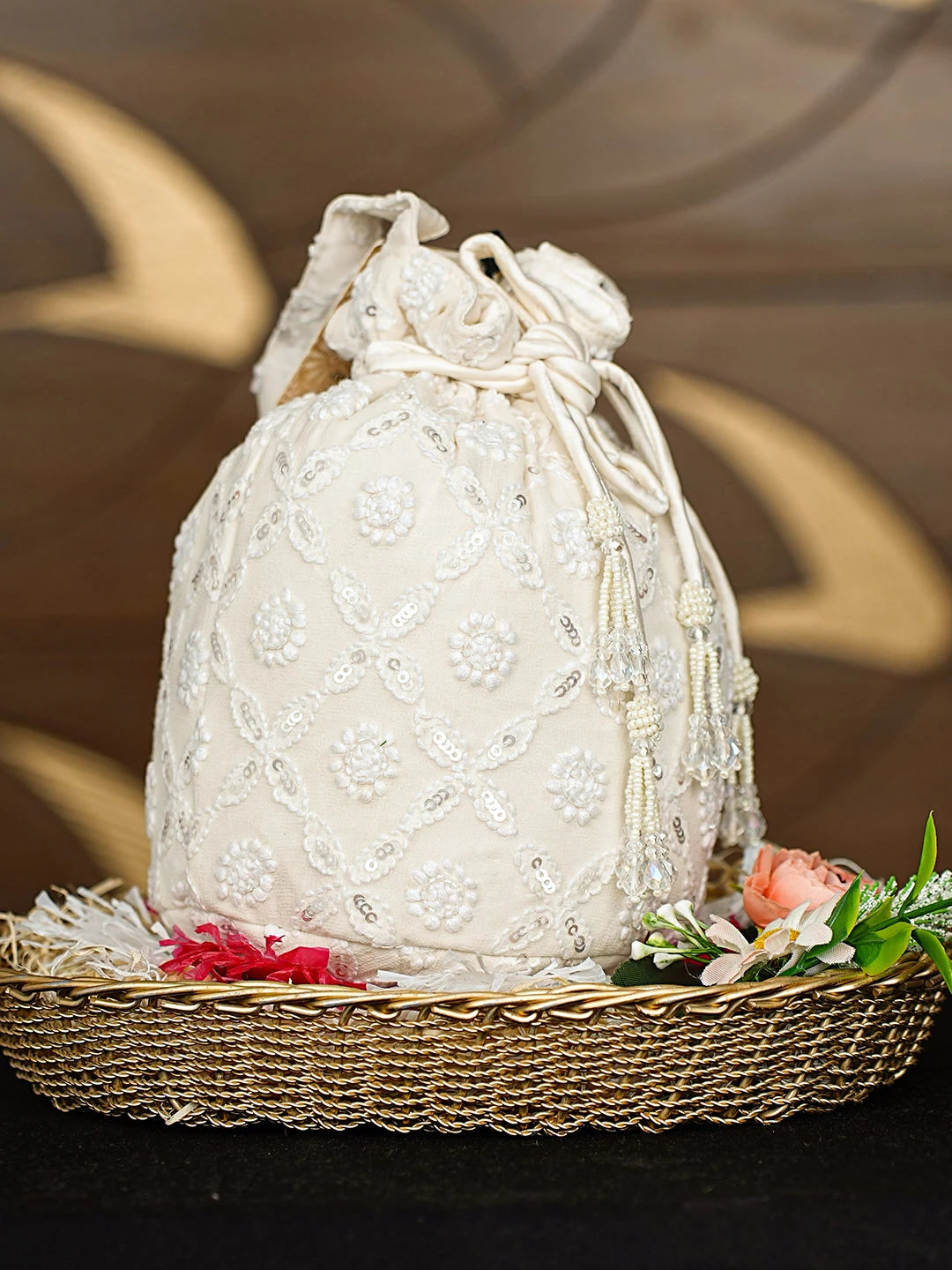 Ada Hand Embroidered Off White  Pure Georgette Lucknowi Chikankari Potli Bag With Sequinned Work 01A912949