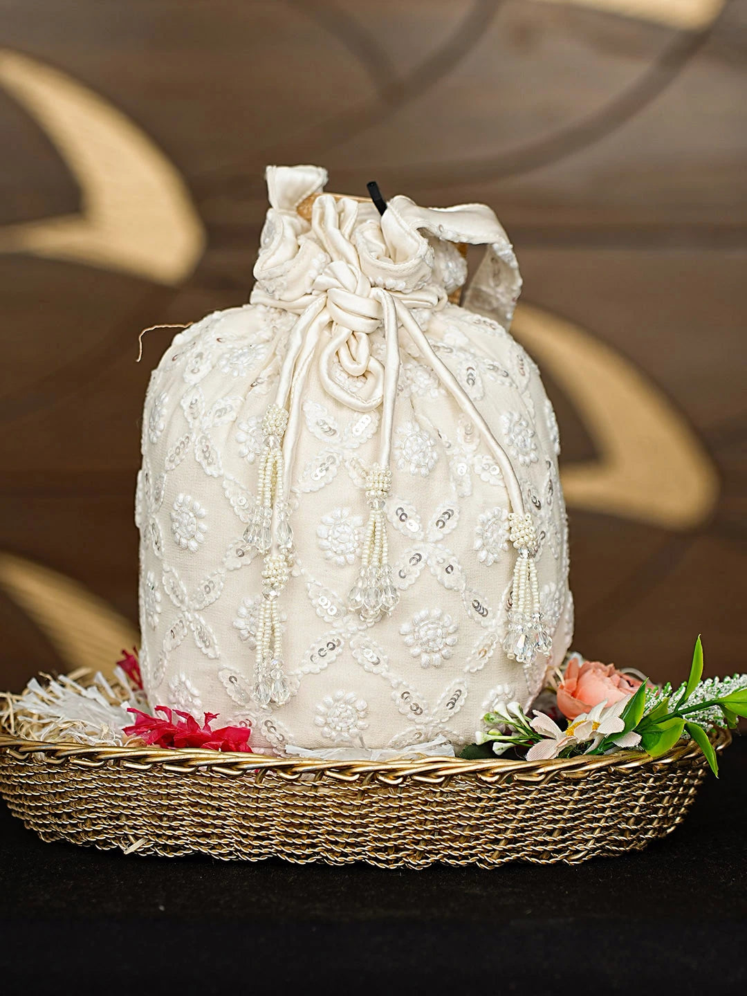 Ada Hand Embroidered Off White  Pure Georgette Lucknowi Chikankari Potli Bag With Sequinned Work 01A912949