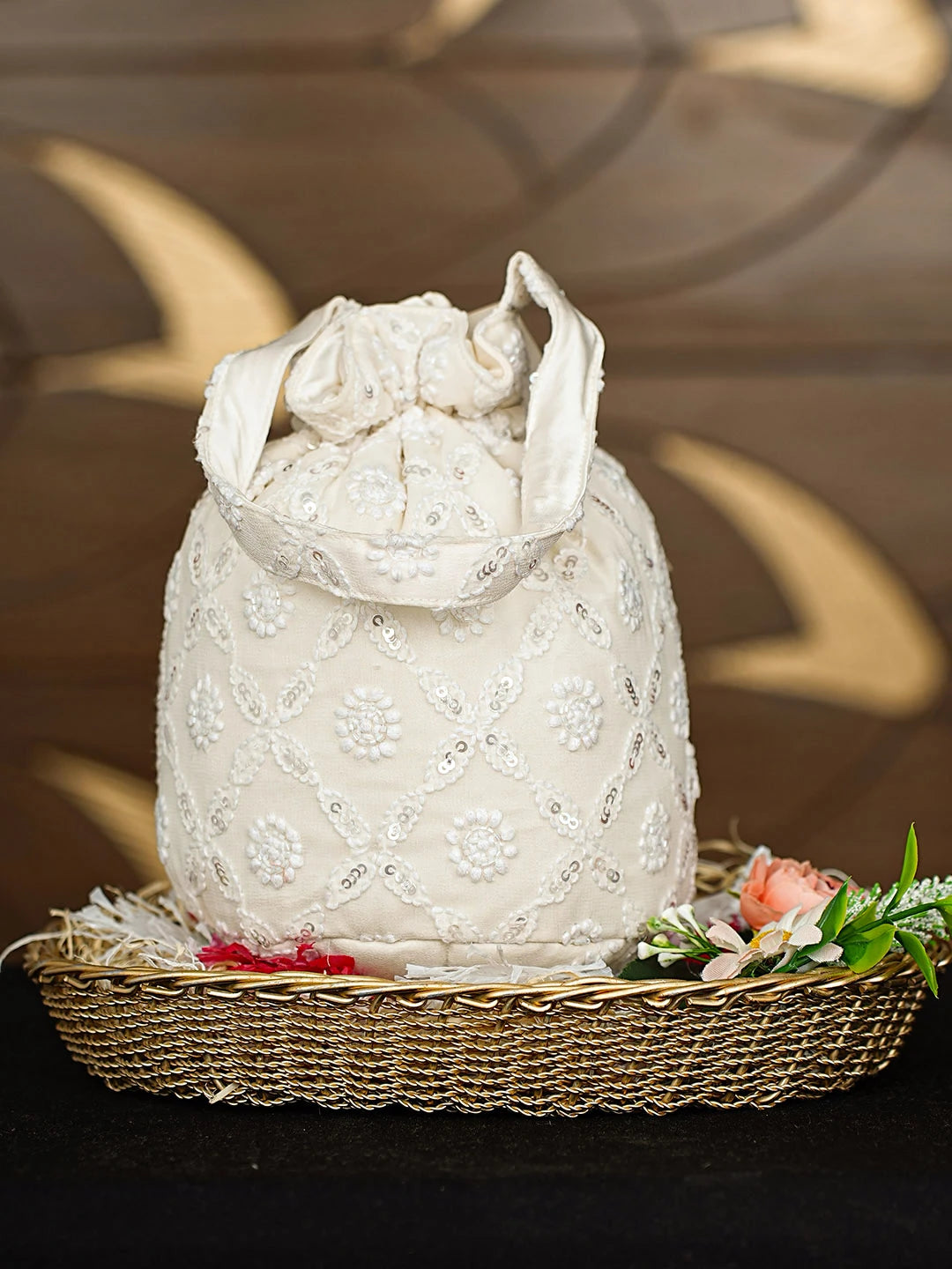 Ada Hand Embroidered Off White  Pure Georgette Lucknowi Chikankari Potli Bag With Sequinned Work 01A912949