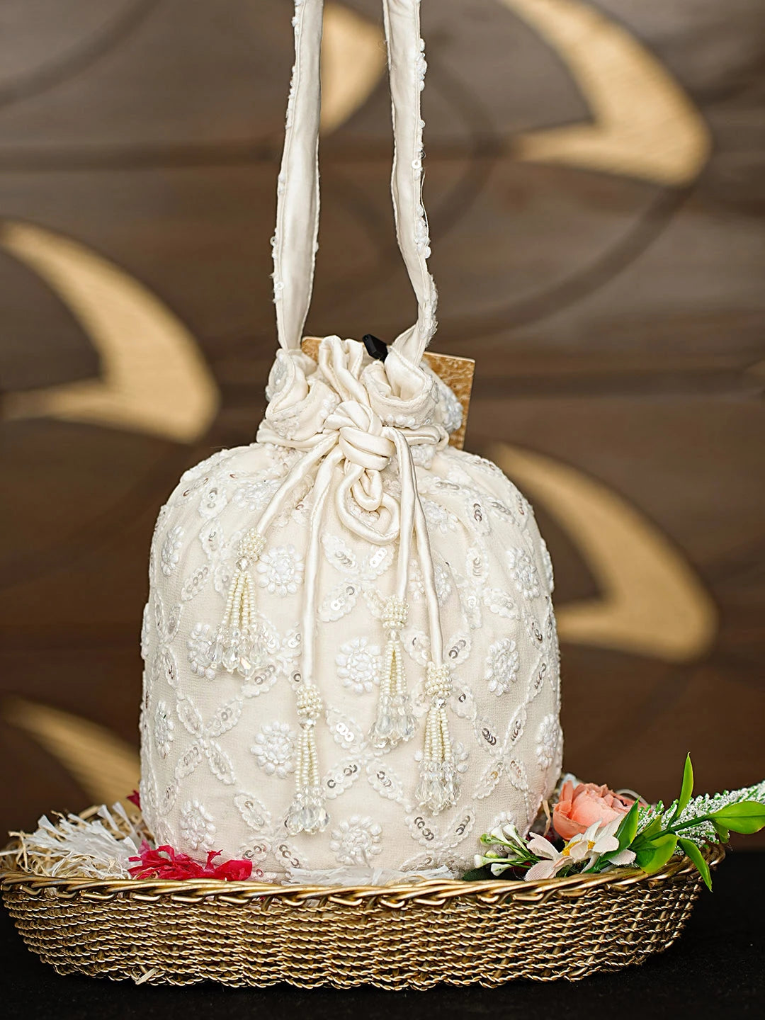 Ada Hand Embroidered Off White  Pure Georgette Lucknowi Chikankari Potli Bag With Sequinned Work 01A912949