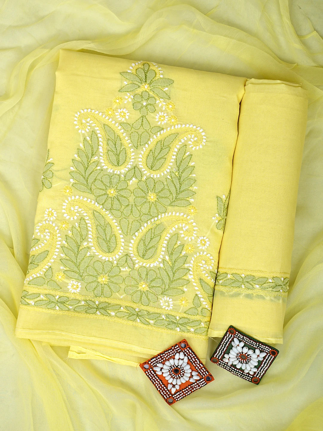 Ada Hand Embroidered Yellow Cotton Lucknowi Chikankari Unstitched Suit Piece 01A882404