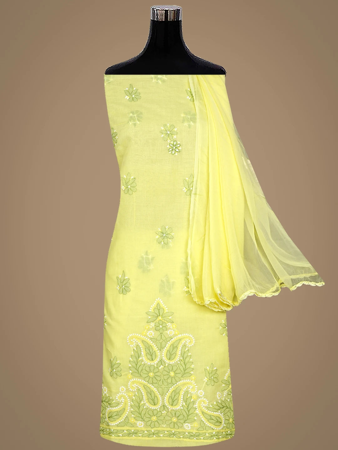 Ada Hand Embroidered Yellow Cotton Lucknowi Chikankari Unstitched Suit Piece 01A882404