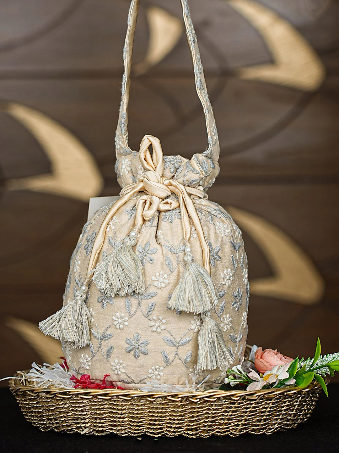 Ada Hand Embroidered Fawn Chanderi Lucknowi Chikankari Potli Bag 01A916363