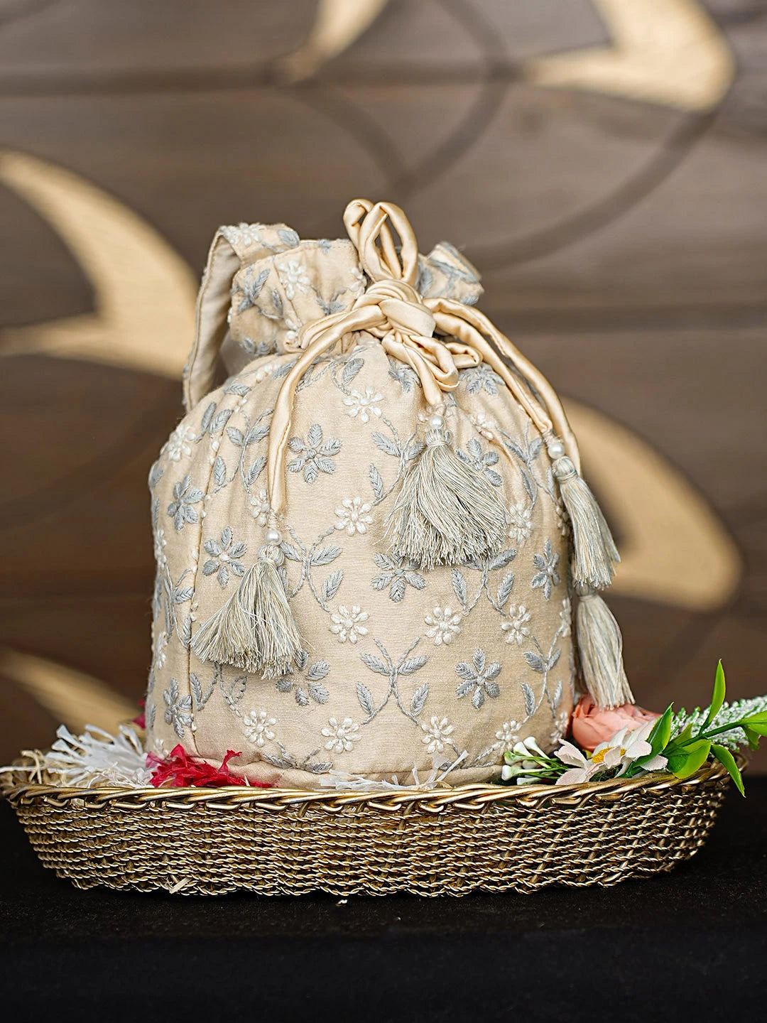 Ada Hand Embroidered Fawn Chanderi Lucknowi Chikankari Potli Bag 01A916363