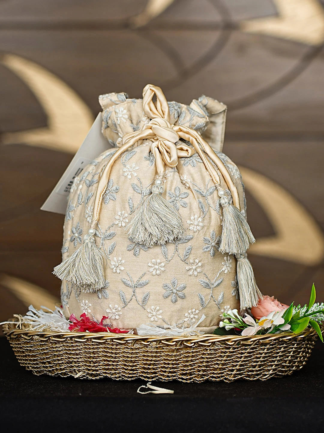 Ada Hand Embroidered Fawn Chanderi Lucknowi Chikankari Potli Bag 01A916363