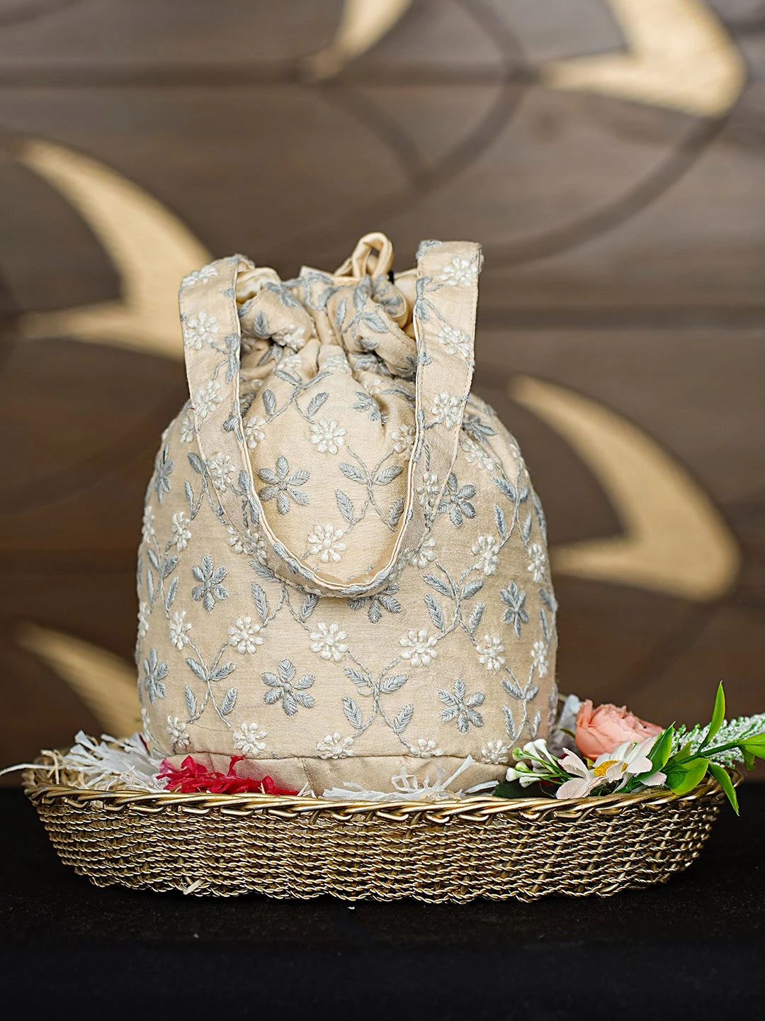 Ada Hand Embroidered Fawn Chanderi Lucknowi Chikankari Potli Bag 01A916363