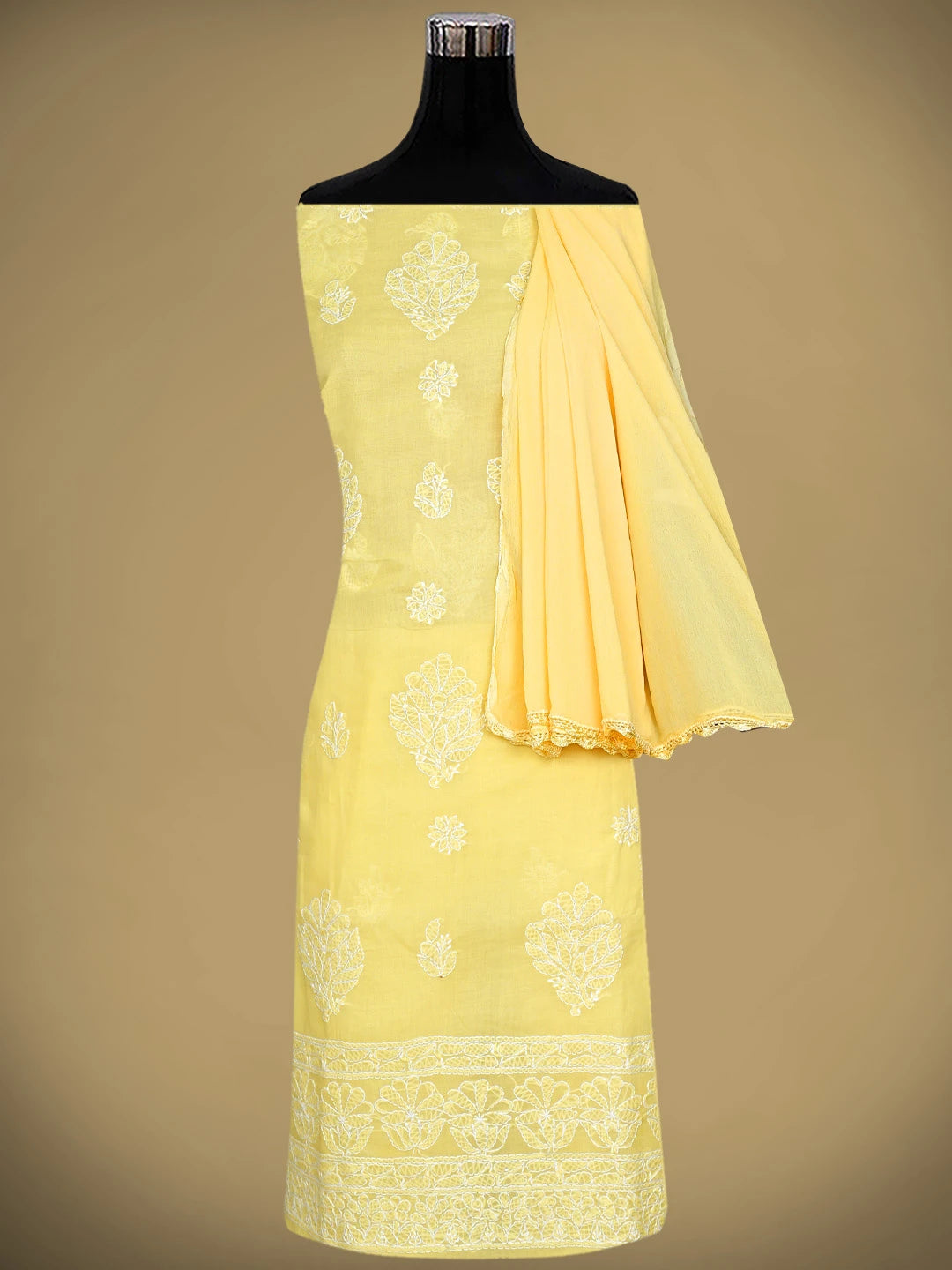 Ada Hand Embroidered Yellow Cotton Lucknowi Chikankari Unstitched Suit Piece with Dupatta 01A853627