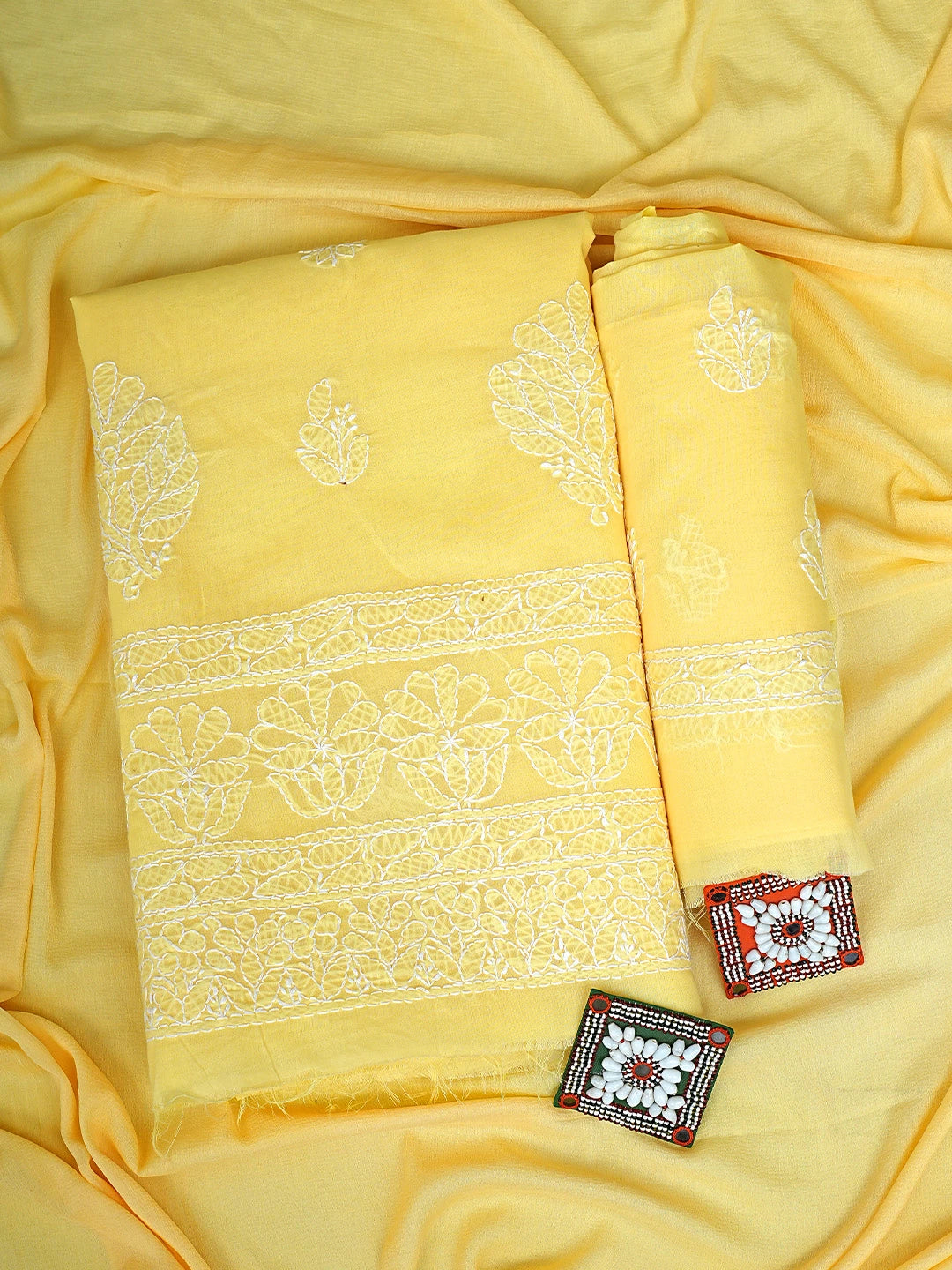 Ada Hand Embroidered Yellow Cotton Lucknowi Chikankari Unstitched Suit Piece with Dupatta 01A853627