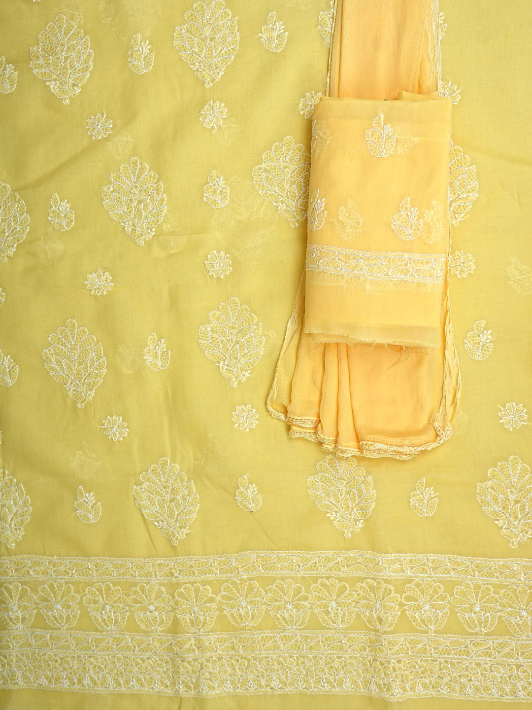 Ada Hand Embroidered Yellow Cotton Lucknowi Chikankari Unstitched Suit Piece with Dupatta 01A853627