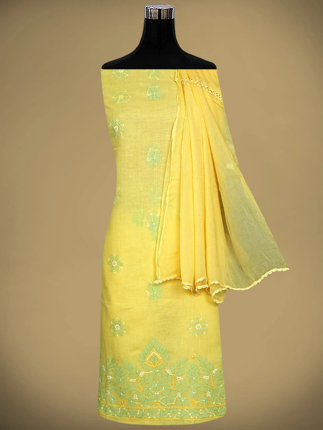 Ada Hand Embroidered Yellow Cotton Lucknowi Chikankari Unstitched Suit Piece with Chiffon Dupatta 01A882405