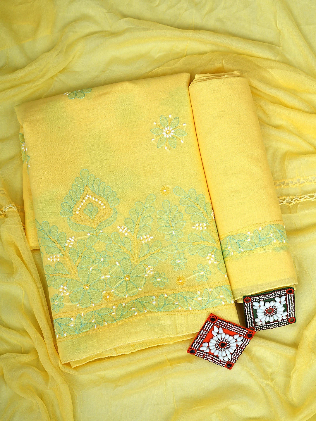 Ada Hand Embroidered Yellow Cotton Lucknowi Chikankari Unstitched Suit Piece with Chiffon Dupatta 01A882405
