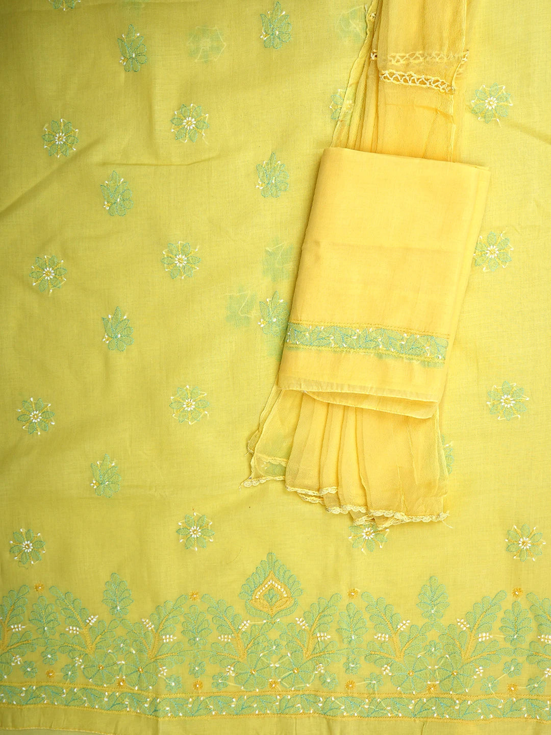 Ada Hand Embroidered Yellow Cotton Lucknowi Chikankari Unstitched Suit Piece with Chiffon Dupatta 01A882405