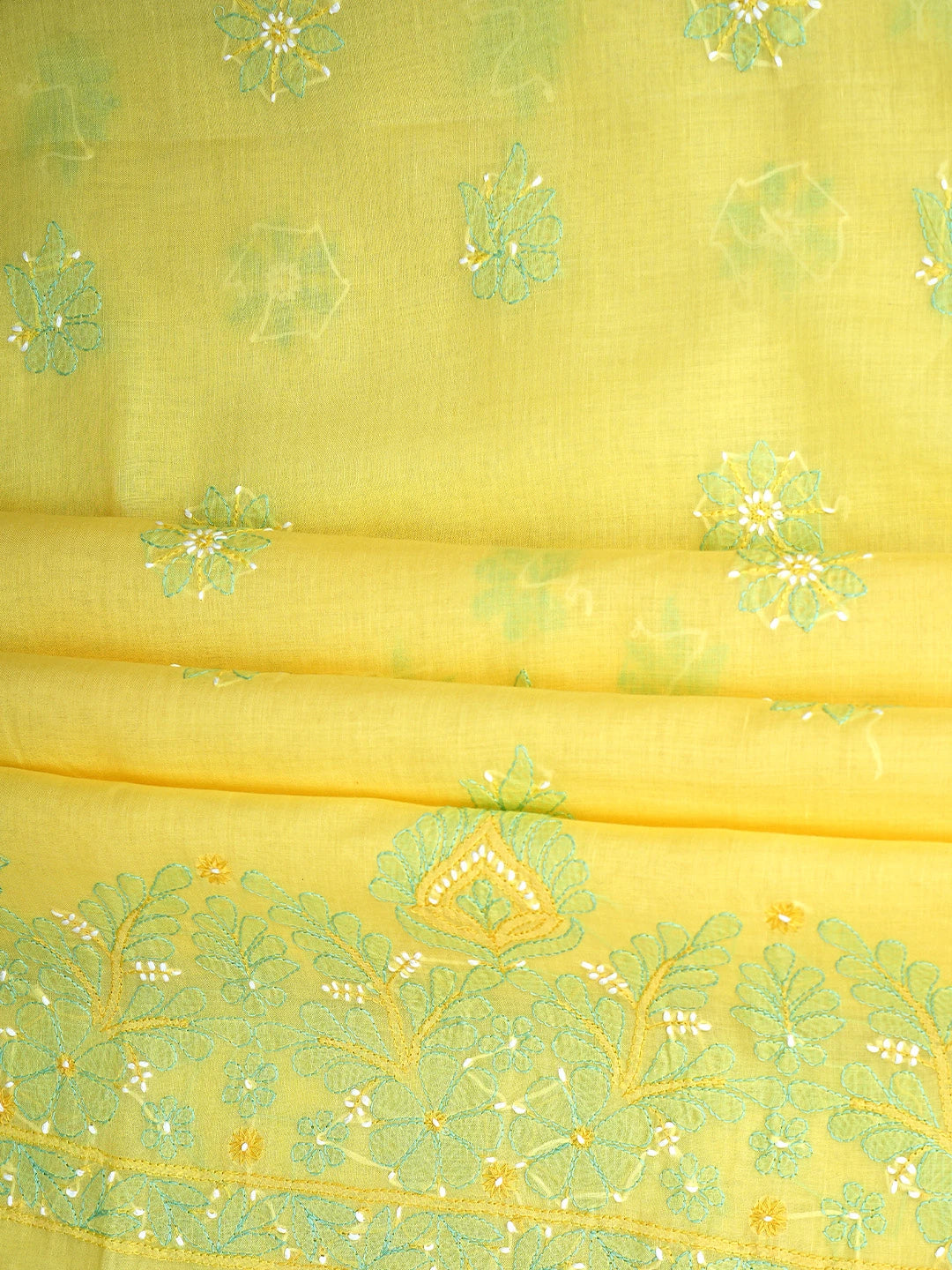 Ada Hand Embroidered Yellow Cotton Lucknowi Chikankari Unstitched Suit Piece with Chiffon Dupatta 01A882405