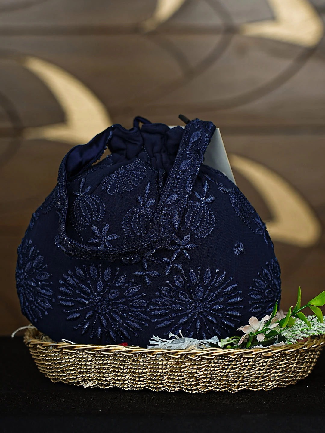 Ada Hand Embroidered Prussian Blue Viscose Gerogette Lucknowi Chikankari Potli Bag 01A916366