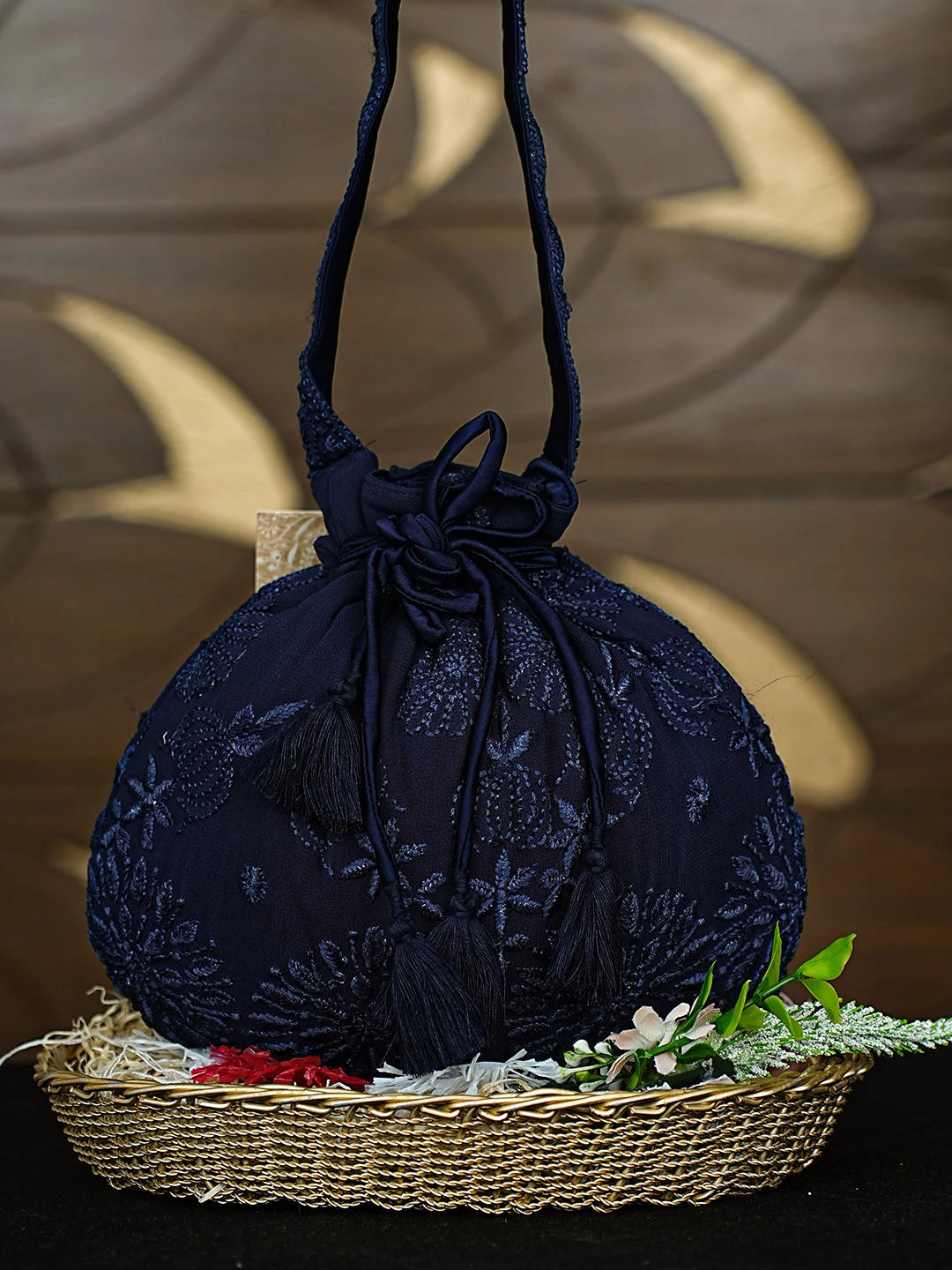 Ada Hand Embroidered Prussian Blue Viscose Gerogette Lucknowi Chikankari Potli Bag 01A916366