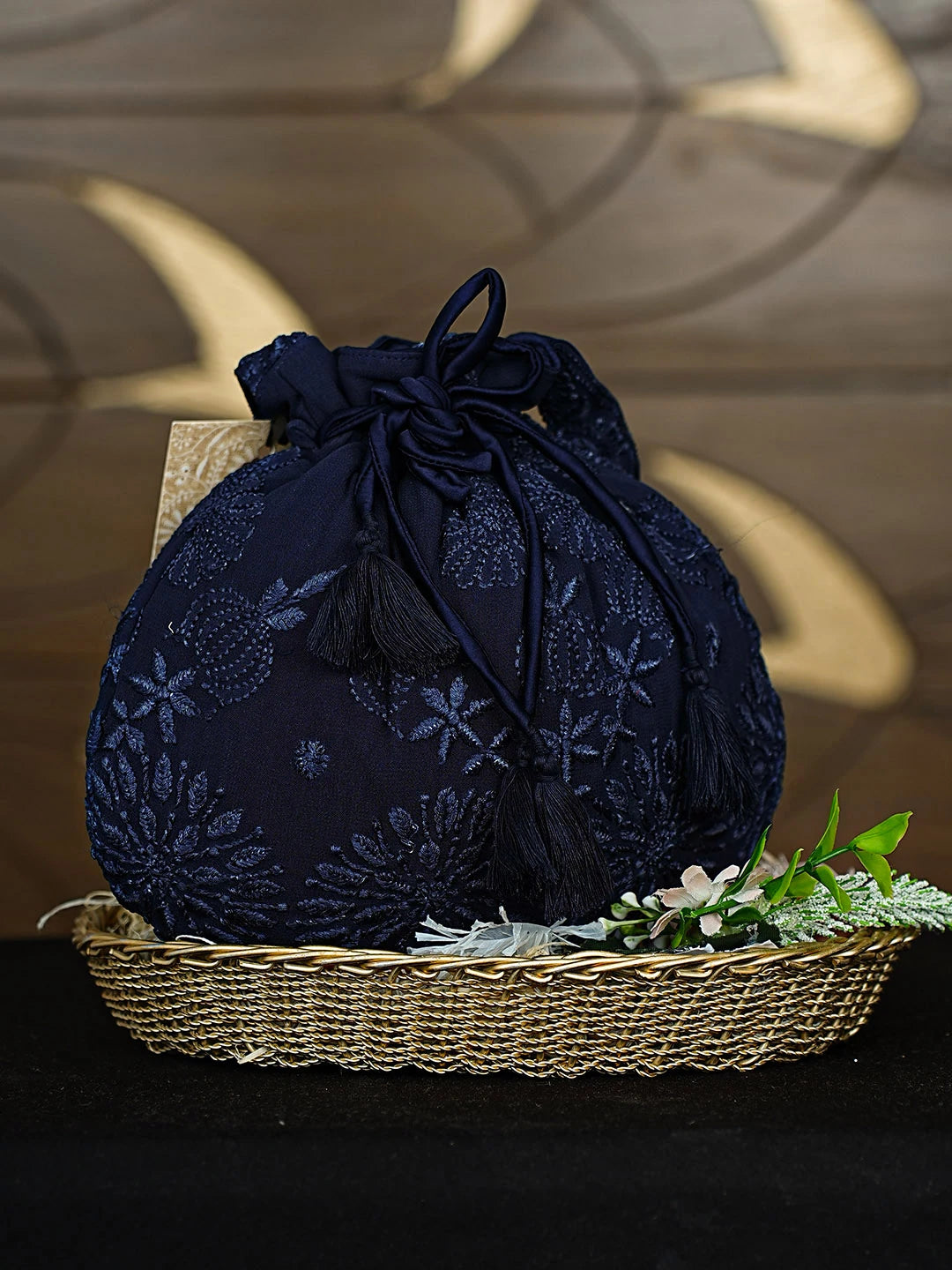 Ada Hand Embroidered Prussian Blue Viscose Gerogette Lucknowi Chikankari Potli Bag 01A916366