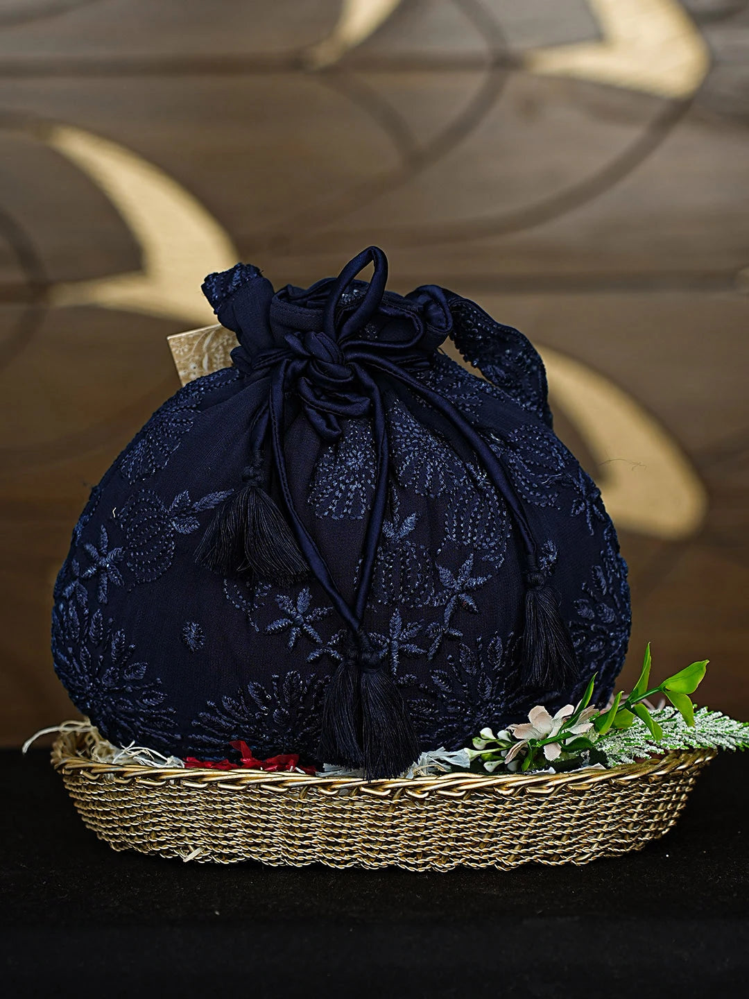 Ada Hand Embroidered Prussian Blue Viscose Gerogette Lucknowi Chikankari Potli Bag 01A916366