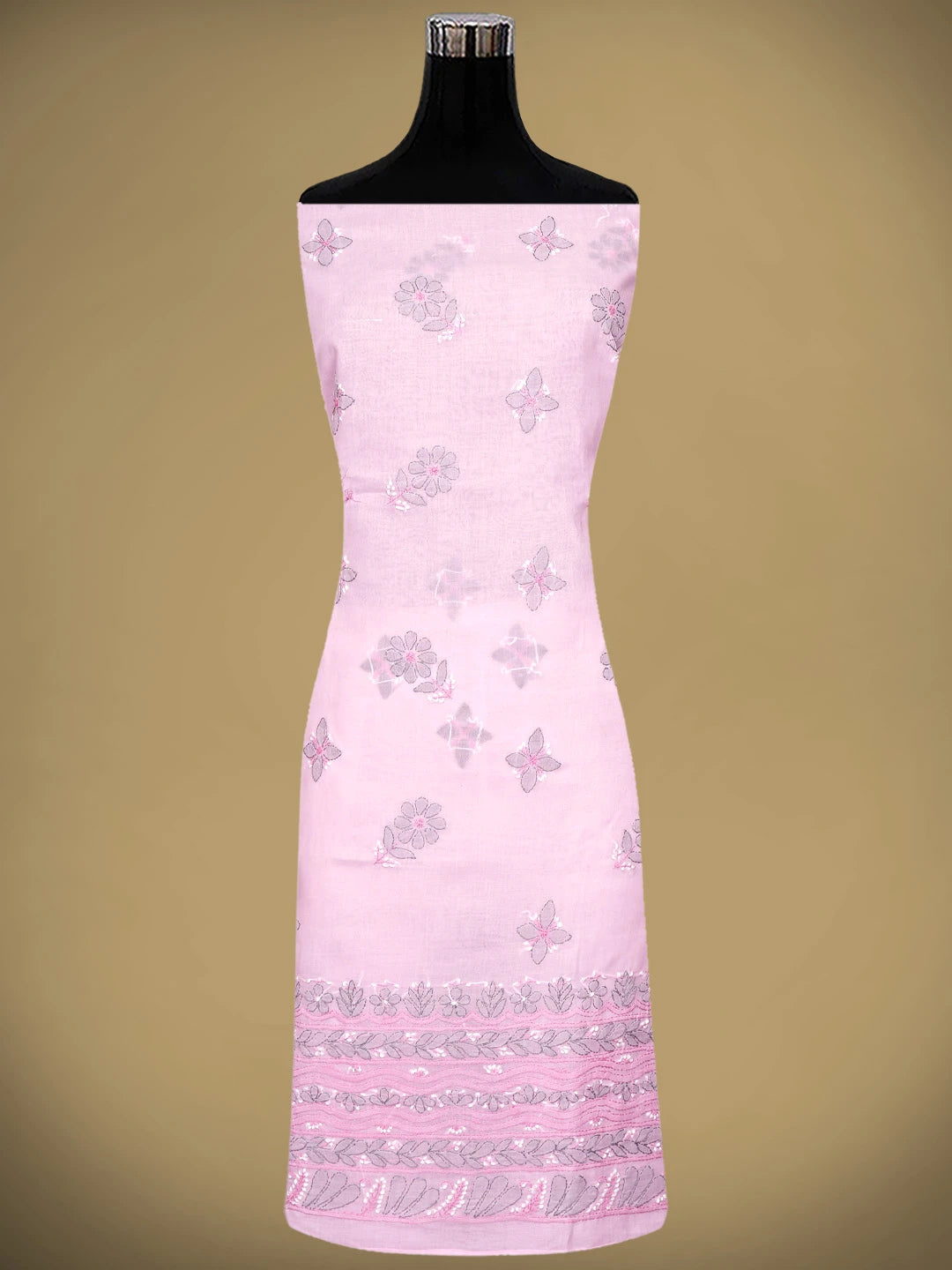 Ada Hand Embroidered Pink Cotton Lucknowi Chikankari Unstitched Suit Piece with Chiffon Dupatta 01A879324