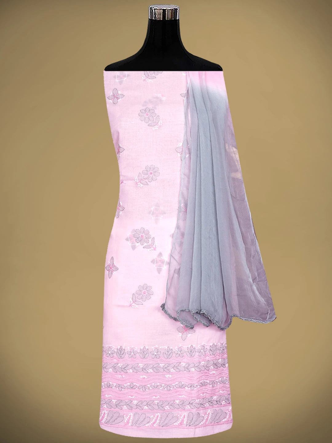 Ada Hand Embroidered Pink Cotton Lucknowi Chikankari Unstitched Suit Piece with Chiffon Dupatta 01A879324