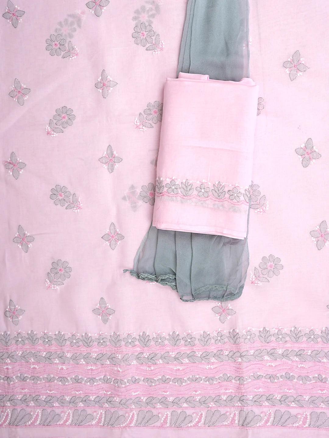 Ada Hand Embroidered Pink Cotton Lucknowi Chikankari Unstitched Suit Piece with Chiffon Dupatta 01A879324