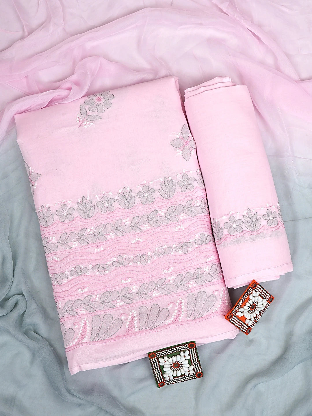 Ada Hand Embroidered Pink Cotton Lucknowi Chikankari Unstitched Suit Piece with Chiffon Dupatta 01A879324