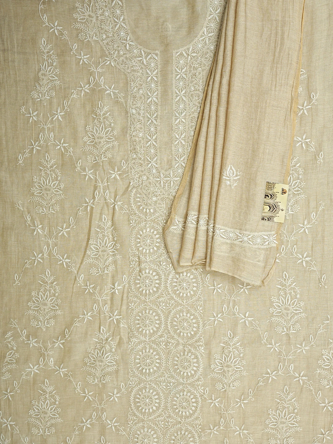 Ada Hand Embroidered Fawn Tissue Lucknowi Chikankari Unstitched Kurta Dupatta Set 01A903758