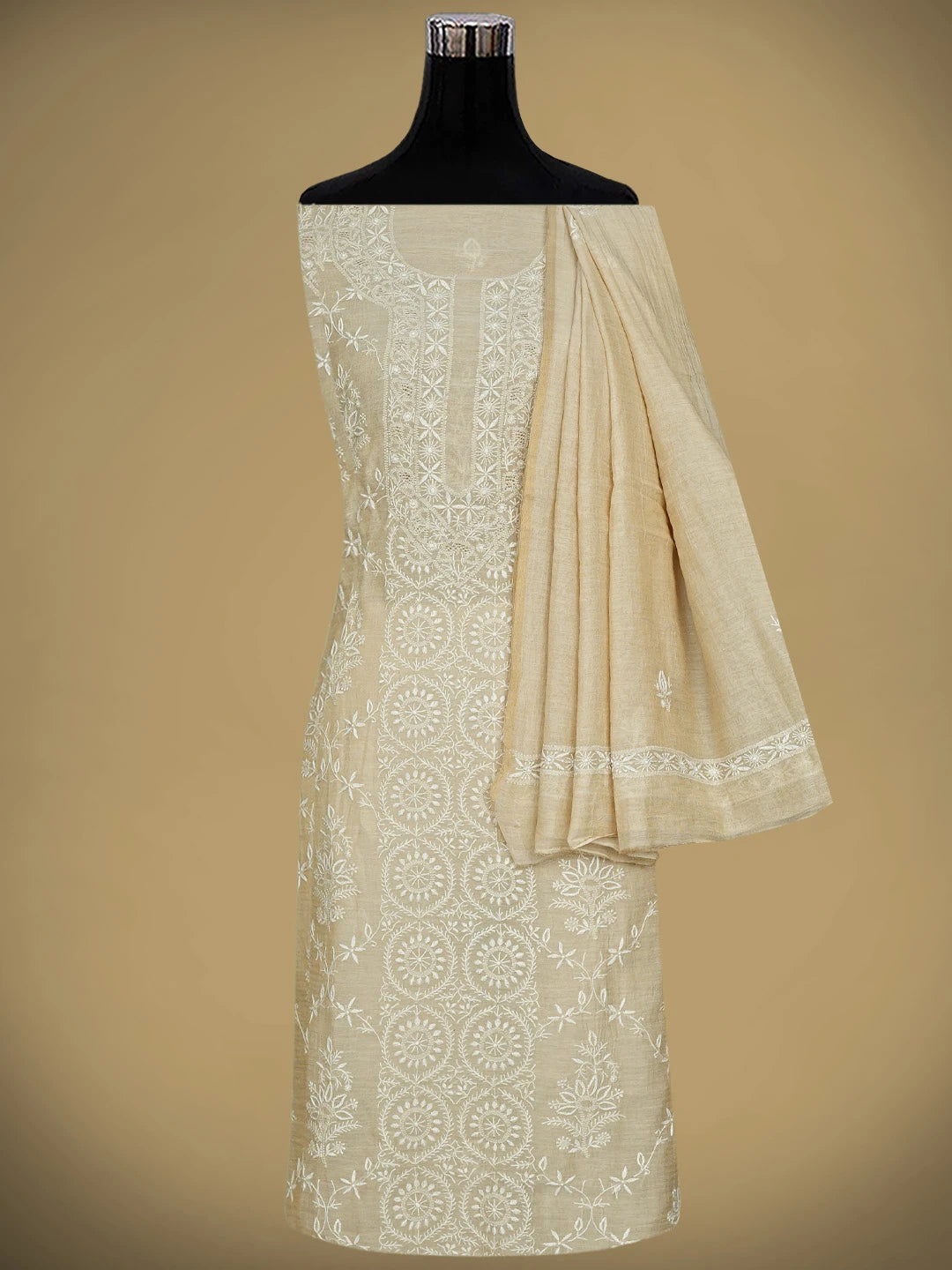Ada Hand Embroidered Fawn Tissue Lucknowi Chikankari Unstitched Kurta Dupatta Set 01A903758