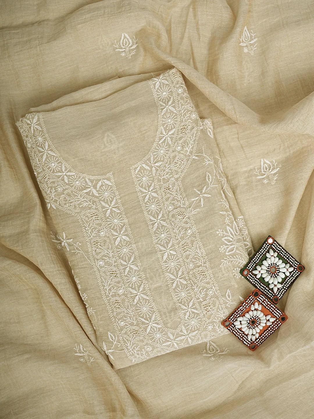 Ada Hand Embroidered Fawn Tissue Lucknowi Chikankari Unstitched Kurta Dupatta Set 01A903758