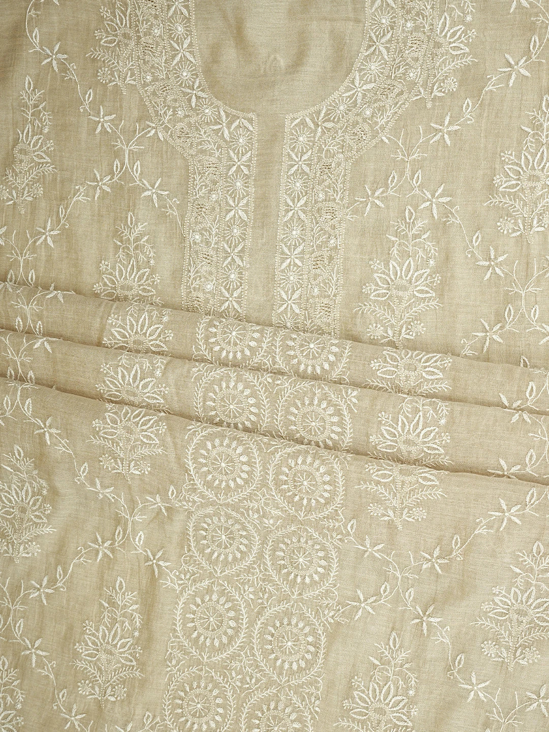 Ada Hand Embroidered Fawn Tissue Lucknowi Chikankari Unstitched Kurta Dupatta Set 01A903758