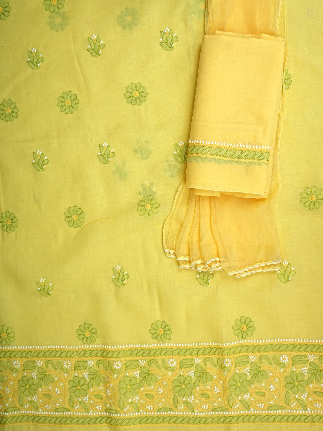 Ada Hand Embroidered Yellow Cotton Lucknowi Chikankari Unstitched Suit Piece with Chiffon Dupatta 01A879479