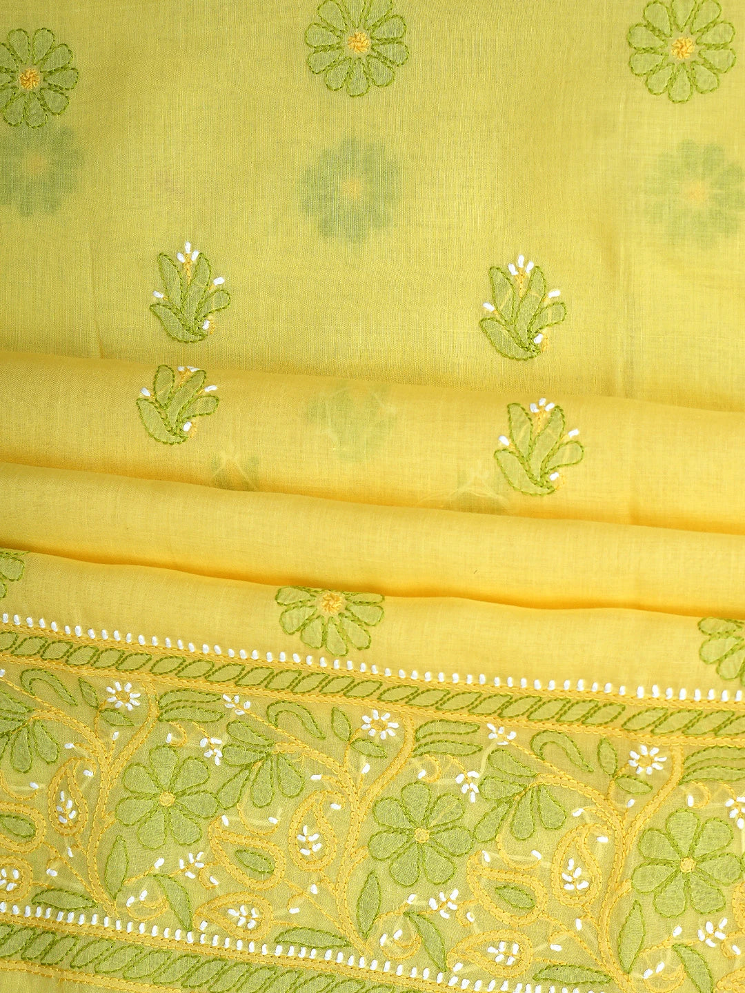 Ada Hand Embroidered Yellow Cotton Lucknowi Chikankari Unstitched Suit Piece with Chiffon Dupatta 01A879479