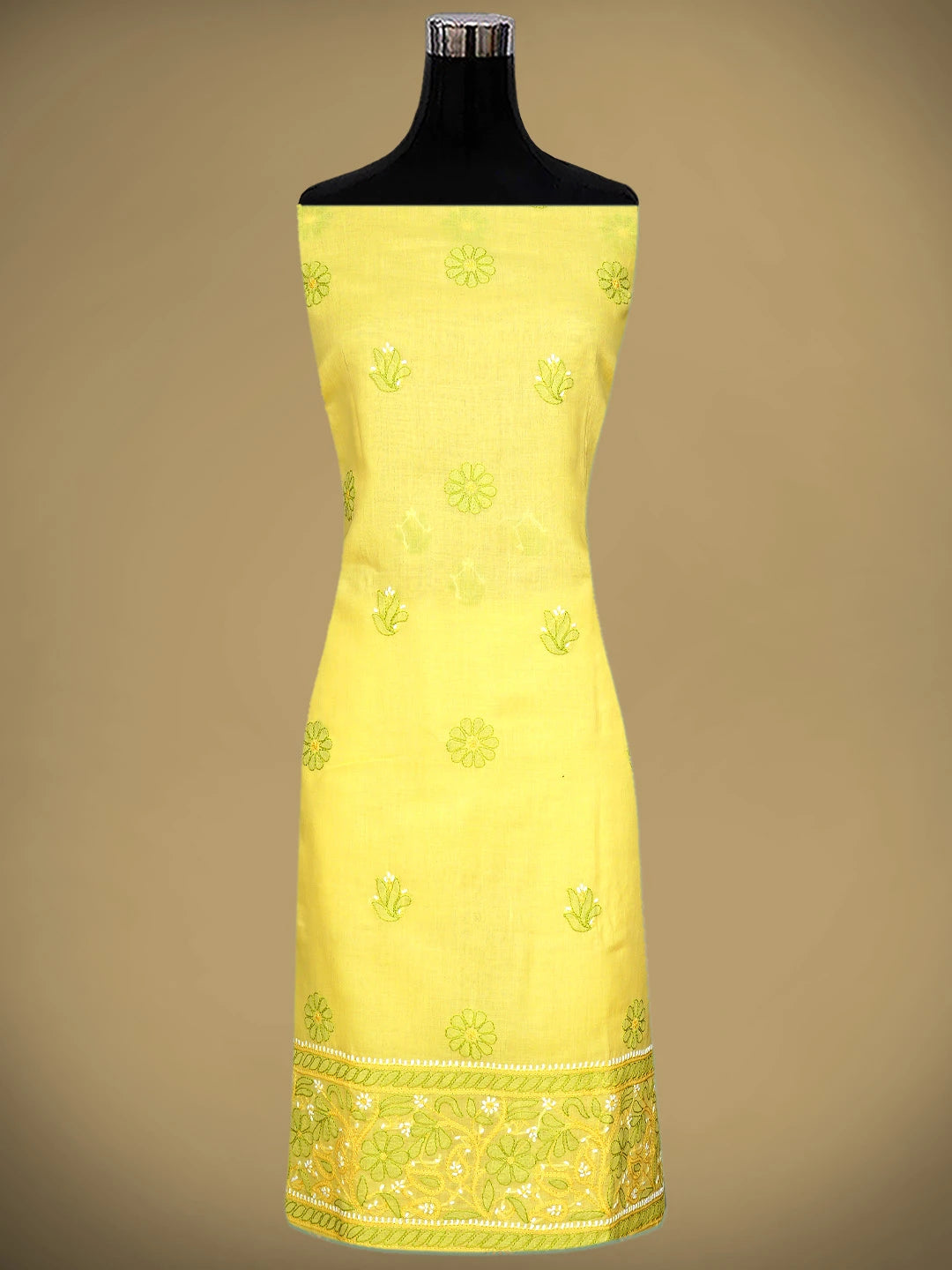 Ada Hand Embroidered Yellow Cotton Lucknowi Chikankari Unstitched Suit Piece with Chiffon Dupatta 01A879479